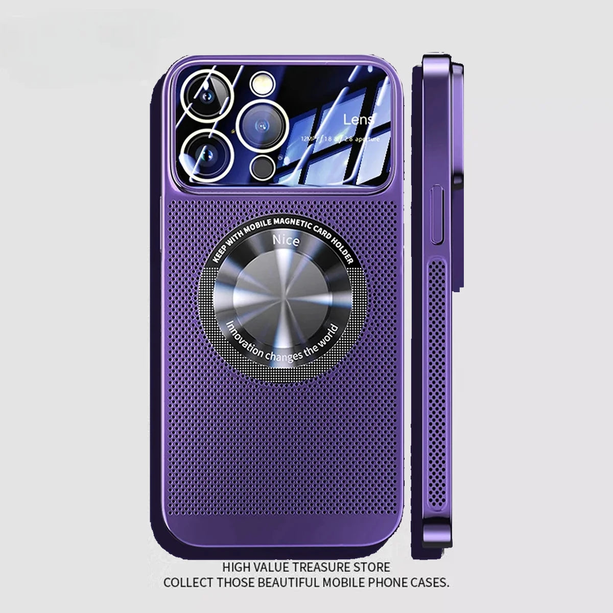 Heat Dissipation Magnetic Case For iPhone 13 11 12 14 15 Pro Max Electroplated Mesh Magsafe Glass Lens Enlarge logo Phone Cover