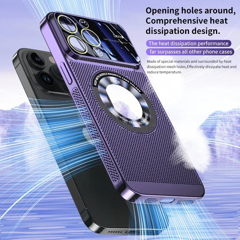 Heat Dissipation Magnetic Case For iPhone 13 11 12 14 15 Pro Max Electroplated Mesh Magsafe Glass Lens Enlarge logo Phone Cover
