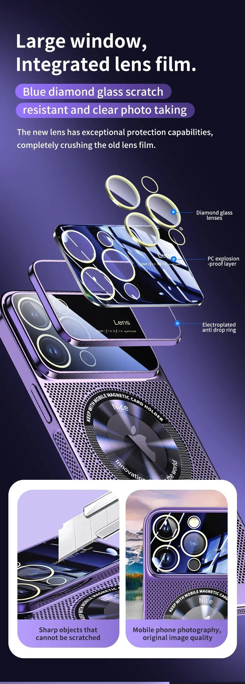 Heat Dissipation Magnetic Case For iPhone 13 11 12 14 15 Pro Max Electroplated Mesh Magsafe Glass Lens Enlarge logo Phone Cover
