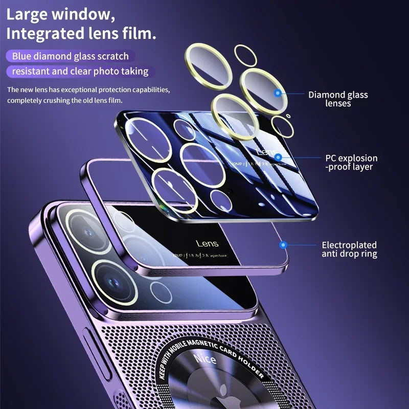 Heat Dissipation Magnetic Case For iPhone 13 11 12 14 15 Pro Max Electroplated Mesh Magsafe Glass Lens Enlarge logo Phone Cover