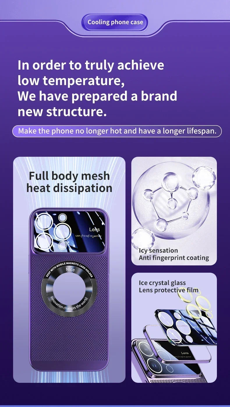 Heat Dissipation Magnetic Case For iPhone 13 11 12 14 15 Pro Max Electroplated Mesh Magsafe Glass Lens Enlarge logo Phone Cover