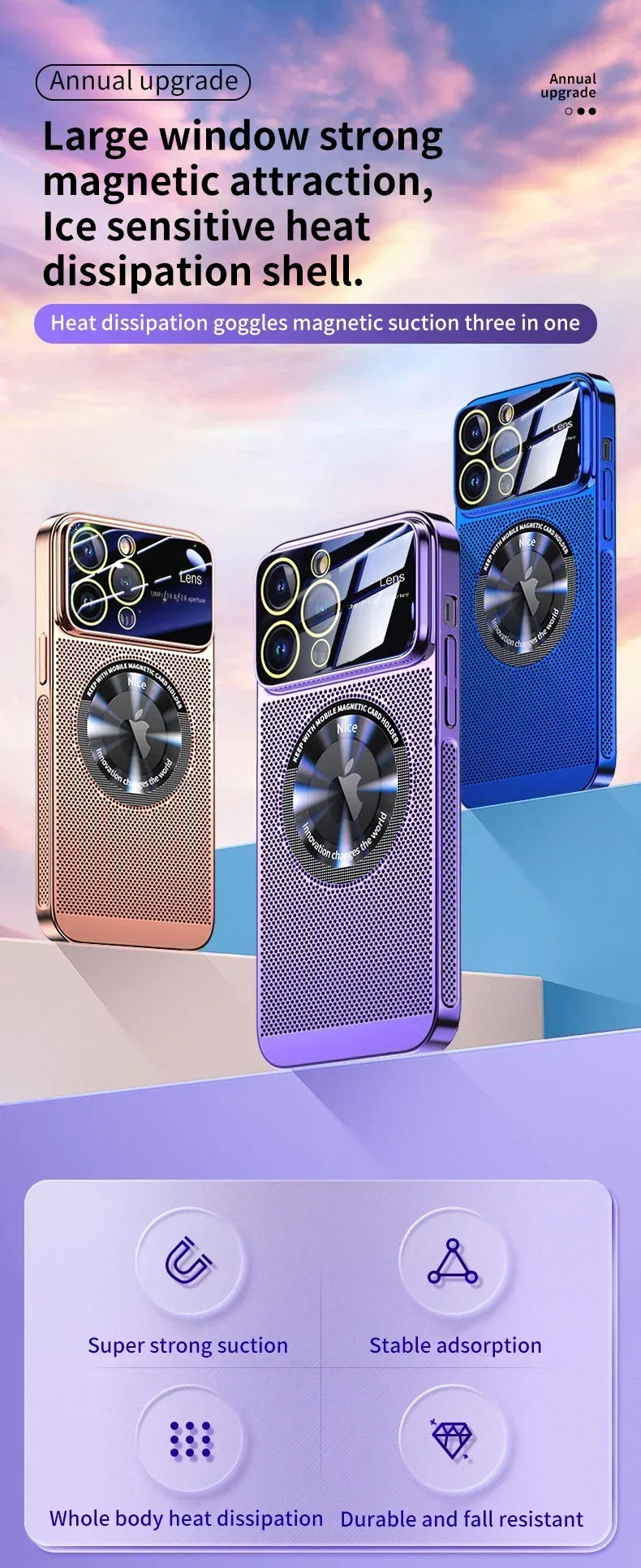 Heat Dissipation Magnetic Case For iPhone 13 11 12 14 15 Pro Max Electroplated Mesh Magsafe Glass Lens Enlarge logo Phone Cover