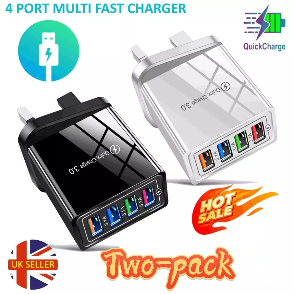 4 Multi-Port Fast Quick Charge USB Hub Mains UK Plug Adapter Wall Charger-2 Pack