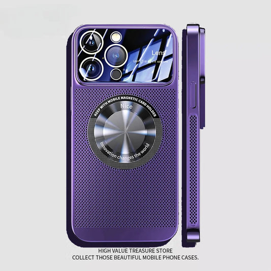 Heat Dissipation Magnetic Case For iPhone 13 11 12 14 15 Pro Max Electroplated Mesh Magsafe Glass Lens Enlarge logo Phone Cover