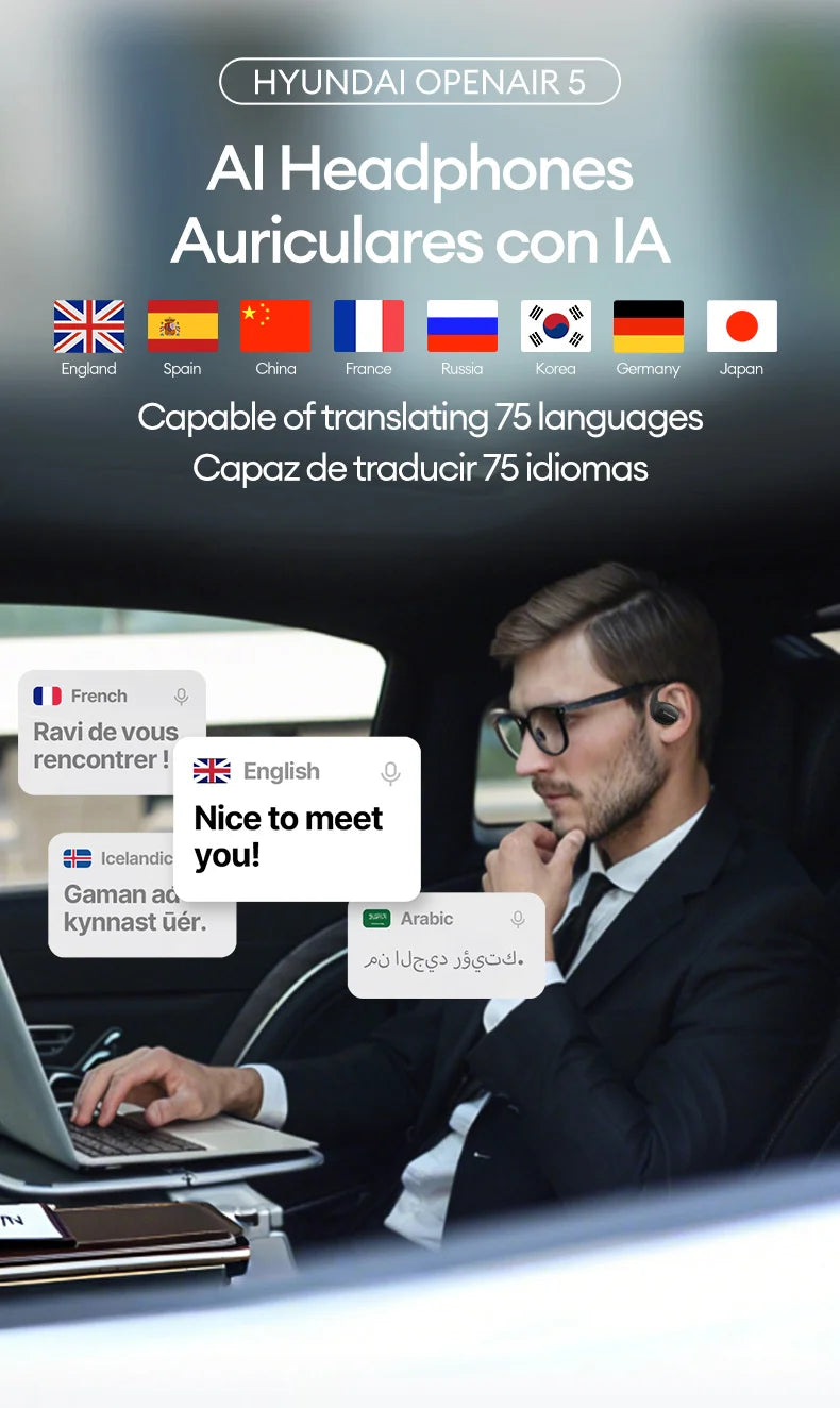 Choice HYUNDAI Openair5 AI Bluetooth Translation Earphones Hanging Ear Type AI Intelligent 100+ languages Meeting Earphone Gift