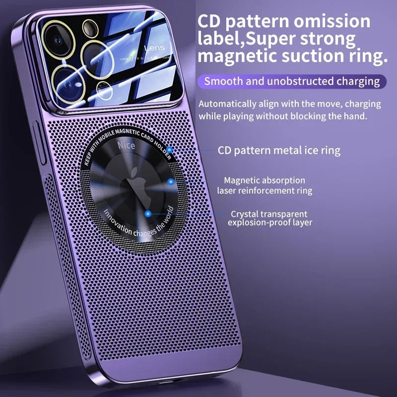 Heat Dissipation Magnetic Case For iPhone 13 11 12 14 15 Pro Max Electroplated Mesh Magsafe Glass Lens Enlarge logo Phone Cover