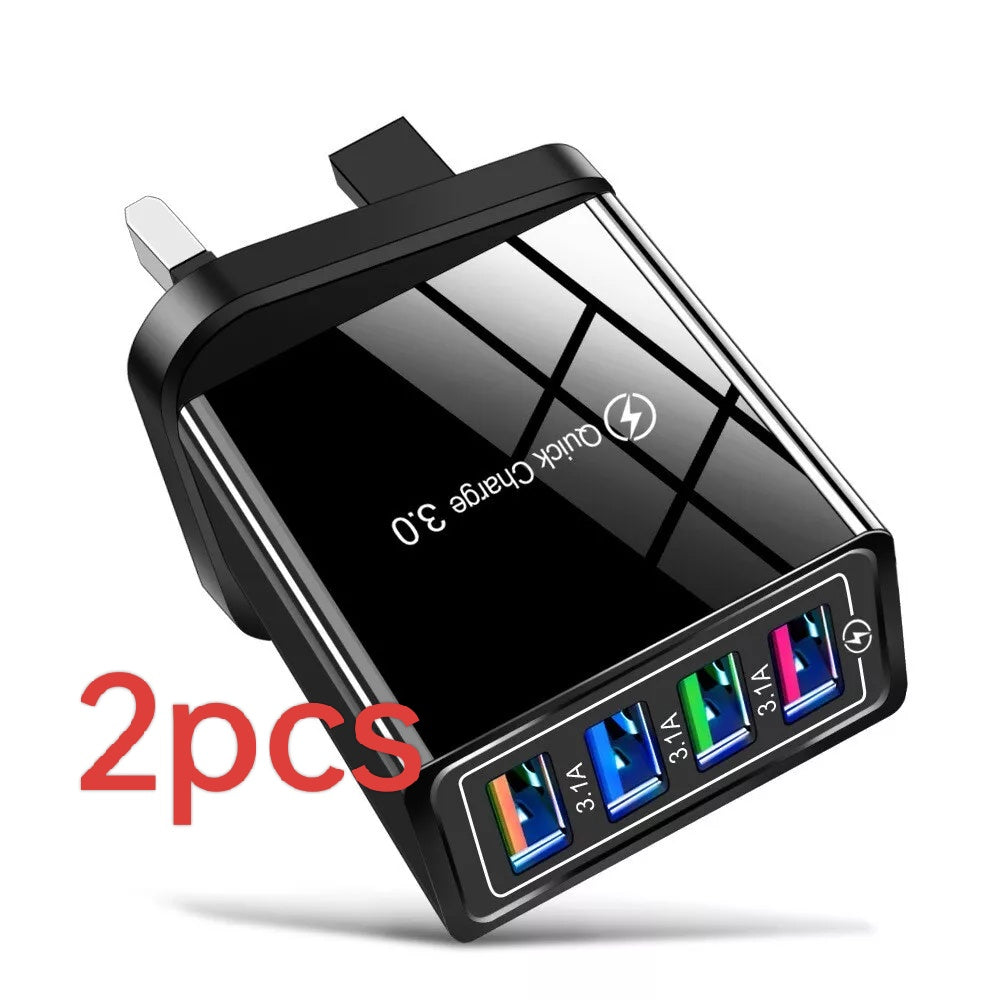 4 Multi-Port Fast Quick Charge USB Hub Mains UK Plug Adapter Wall Charger-2 Pack